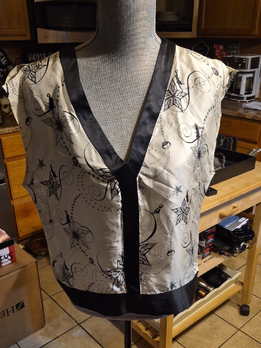 Ben Sherman Black Trim Ivory Printed Silk Top